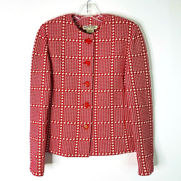 Vintage red white knit wool check houndstooth preppy button blazer 4 - Picture 1 of 8